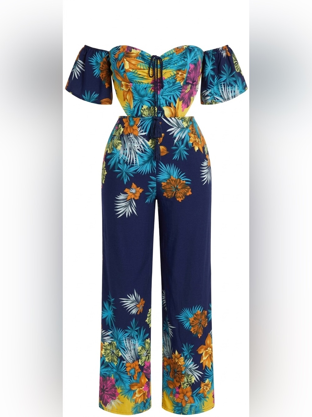 Fashion Nova Navy Tropical Jumpsuit with Teal, Orange & Yellow Floral Print